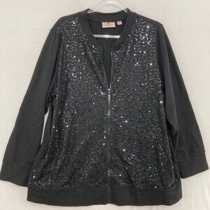 Quacker Factory Jacket size 1X Black Sequins Full Zip Evening Holiday Festival